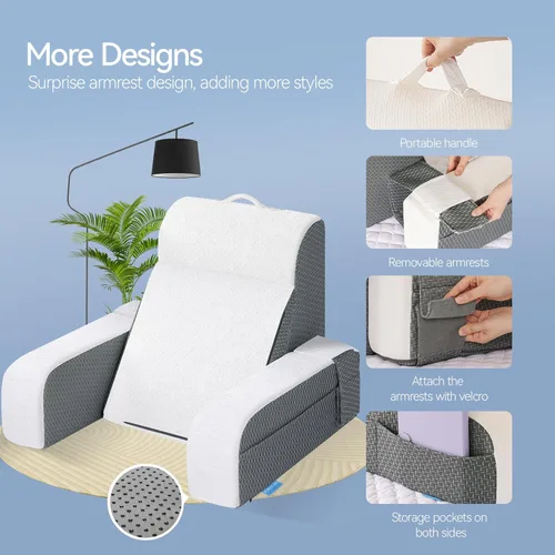 Vista 6 de Kayfia Almohada de lectura, almohada de espalda 10 en 1 para cama sentada con reposabrazos desmontable, almohada de respaldo con espuma