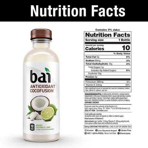 Vista 5 de Bai - Andes coco limón - Agua con sabor a coco y limón bebida con infusión antioxidante botellas de 18 onzas líquidas paquete de 6