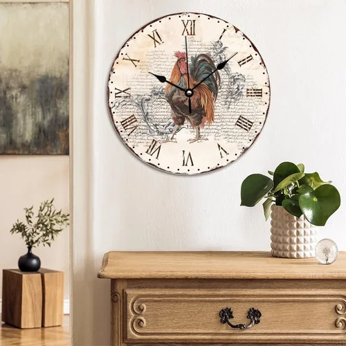 Vista 3 de Rooster - Reloj de pared decorativo para cocina, estilo francés, rústico, con estilo de gallo, para pared, sin tictac, funciona con pilas, PVC