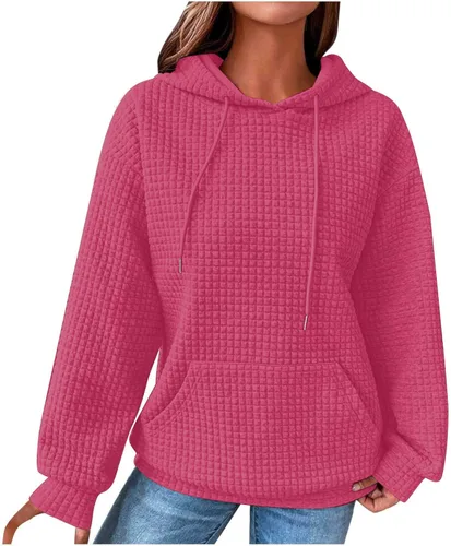 Ceboyel Sudaderas con capucha de punto gofre para mujer, sudaderas con cordón de ajuste, suéteres casuales de moda, cómodos trajes de otoño