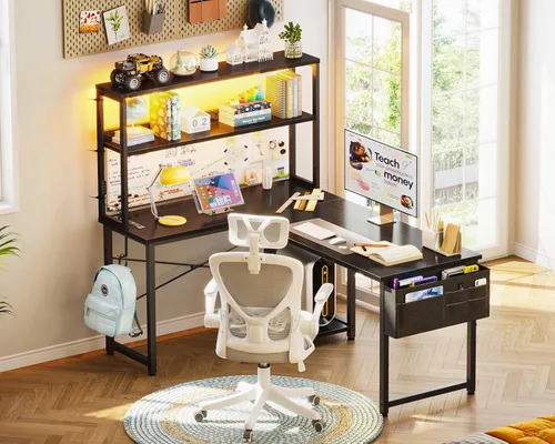 Vista 8 de AODK Escritorio en Forma de L para Gaming con Luz LED y Toma de Corriente, Mesa de Computadora Reversible en Forma de L de 43 Pulgadas con Estante