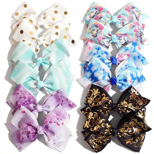 Vista 4 de 24 PIEZAS Lazos de 4.5 Pulgadas para Niñas Boutique Cinta de Grogrén Arcoíris Lazos para el Cabello Pinzas de Cocodrilo para el Cabello Lazos