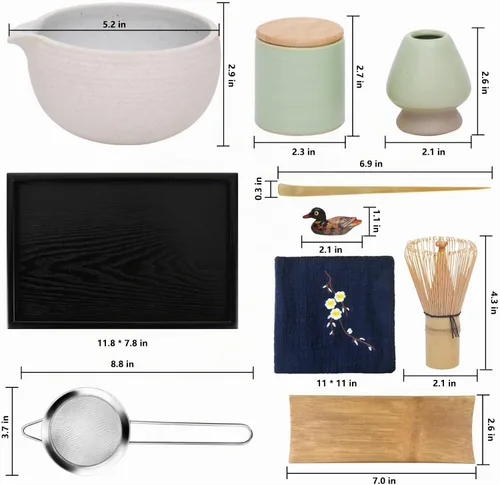 Vista 5 de Artcome Juego de té matcha japonés, cuenco de matcha con boquilla para verter, bandeja de té, batidor de bambú, soporte para batidor de cerámica