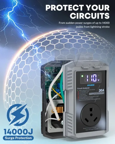 Vista 2 de Kohree Protector contra sobretensiones RV de 30 amperios, 14000 julios, protección contra sobretensiones de sobretensión, enchufe adaptador de RV