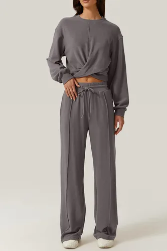 Vista 3 de QINSEN Conjunto deportivo de 2 piezas para mujer, sudadera corta con nudo frontal, pantalón de pierna ancha, conjunto de ropa de descanso