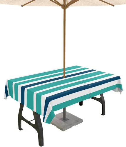 Vista 10 de Mantel rectangular para exteriores con agujero para sombrilla y cremallera, a rayas blancas y beige, 52 x 70 pulgadas, impermeable, para exteriores