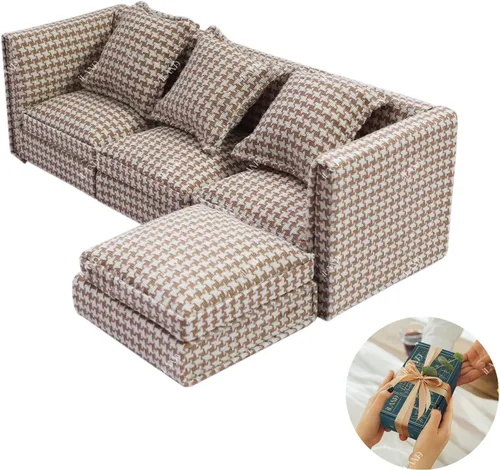 Vista 9 de iLAND Muebles de Casa de Muñecas Sofá Seccional en Miniatura para Decoración de Casa de Muñecas Compatible con Accesorios a Escala 1/12, Sofá