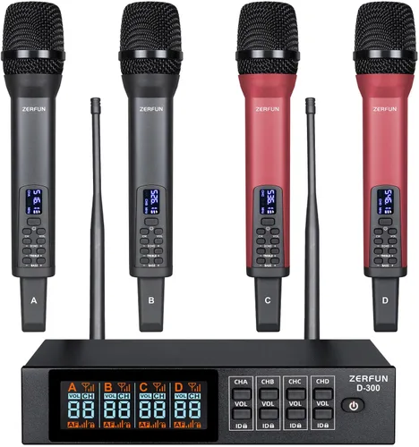 Vista 10 de Sistema de micrófono inalámbrico recargable de 4 canales Pro, micrófonos inalámbricos de mano UHF con control VOL Echo Treble BASS, pantalla LCD