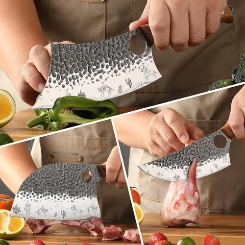 Vista 4 de Juego de cuchillos de carnicero de 3 piezas, forjado a mano, cuchillo vikingo, mango de madera, perfecto para el hogar, barbacoa, camping