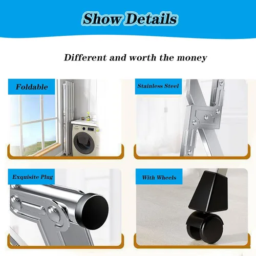Vista 4 de Estante de secado retráctil de ropa para lavandería, con estantes, estante de secado de ropa plegable con ruedas, estante de secado de acero
