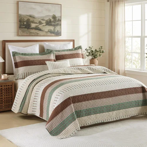 Vista 4 de Finlonte Edredón tamaño Queen, 100 % algodón, colchas tamaño Queen a cuadros azules, beiges y blancas, colcha ligera, suave, transpirable