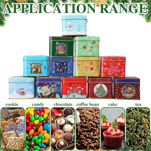 Vista 7 de Uiifan 12 latas pequeñas de galletas de Navidad con tapas, 12 estilos, latas cuadradas de dulces navideños, cajas pequeñas de metal para dulces