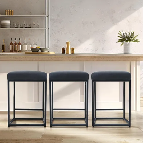 Vista 3 de Juego de 2 taburetes de bar negros para encimera de cocina, taburetes de bar modernos sin espalda de 24 pulgadas, taburetes de bar industriales