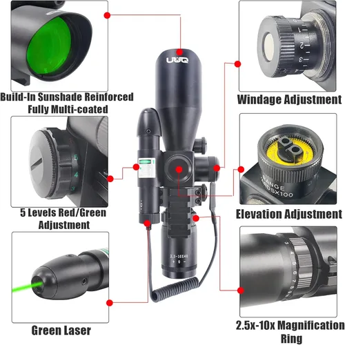 Vista 6 de UUQ 2.5-10x40 Mira telescópica combinada para rifle, retícula Mil-dot iluminada doble, con mini visor reflex de punto rojo de 3 MOA y visor láser