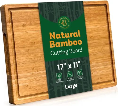 Vista 9 de Tabla de cortar de bambú con asas y ranuras para jugos, 12 x 9 x 0.47 pulgadas, tabla de cortar de cocina de madera carbonizada