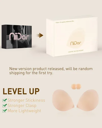 Vista 5 de Nildor - Brasier adhesivo con efecto de realce de silicona sin tirantes para vestido sin espalda con 2 cubiertas para pezones color piel