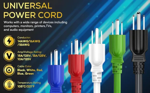Vista 7 de Cable Leader Cable de alimentación de computadora NEMA 5-15P a IEC C13, cable de alimentación de CA resistente de 3 clavijas para PC, monitor, Negro