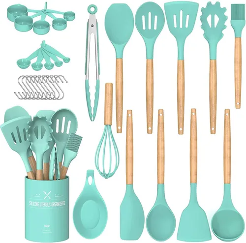 Vista 14 de Umite Chef Juego de utensilios de cocina, 33 piezas de espátulas de silicona antiadherentes con soporte, mango de madera resistente al calor (gris)
