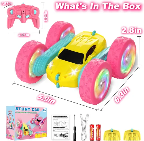 Vista 8 de Auto de control remoto, autos RC para niñas, auto de acrobacias 4WD de doble cara con luces RGB y giros de 360°, baterías modulares USB-C, juguetes