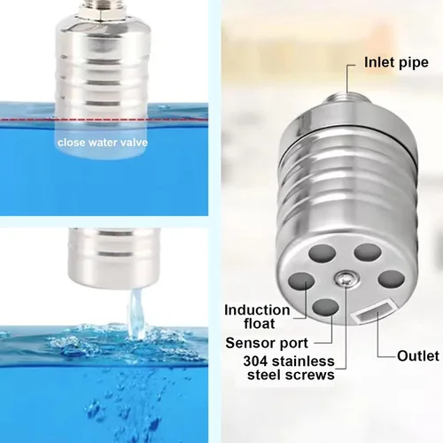 Vista 7 de Water Float Valve, Stainless Steel Fully Automatic Water Level Controller Portable Auto Shut Off Mini Float Valve for Water Tank Pool Kitchen 3/4in