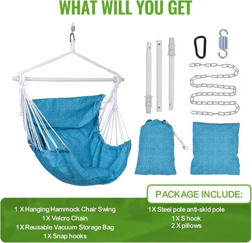 Vista 6 de Backyard Expressions - Silla hamaca colgante de cuerda, 2 almohadas, barra separadora de acero antideslizante