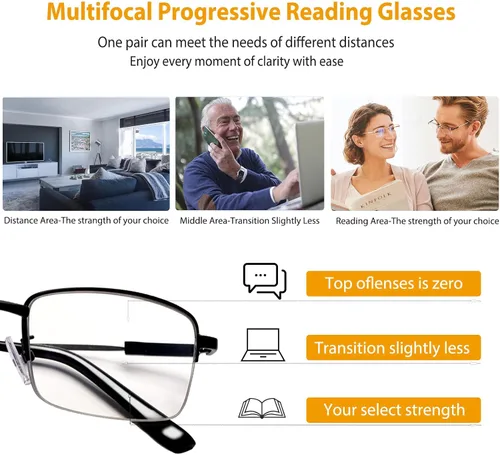 Vista 2 de K.LAVER Gafas de lectura multifocales progresivas, lentes de bloqueo de luz azul para hombres y mujeres, medio marco multifocal, lector multifoco