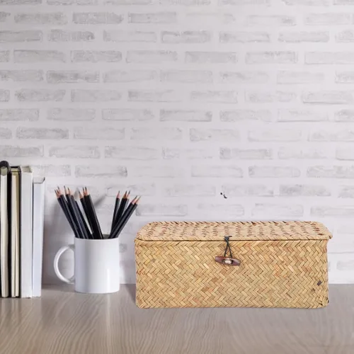 Vista 9 de Cesta de almacenamiento tejida con tapa, organizador de hierba marina natural, caja rectangular para estantes, cestas de mimbre de ratán para ropa