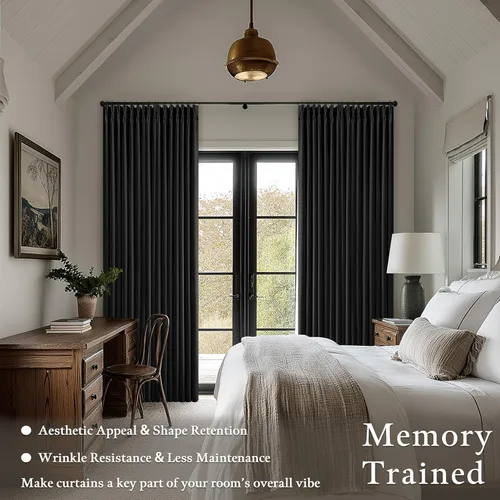 Vista 4 de Juego de 2 paneles de cortinas plisadas negras de 80 pulgadas para sala de estar, cortinas plisadas de lino con forro de 80 pulgadas de largo, 100%