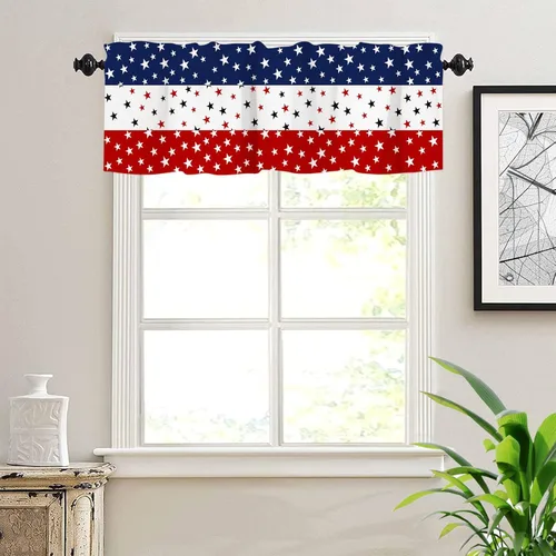 Vista 6 de Cenefas de cortina de granja para el Día de la Independencia Rojo Blanco Azul Cenefas de cocina 4 de julio con bolsillo para barra Cortinas cortas