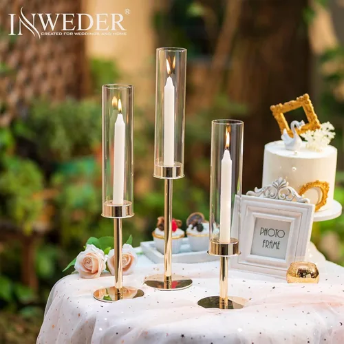 Vista 3 de Candelabros cónicos de huracán: portavelas de cristal dorado, decoración con cubierta de vidrio para boda, centro de mesa, fiesta, cumpleaños