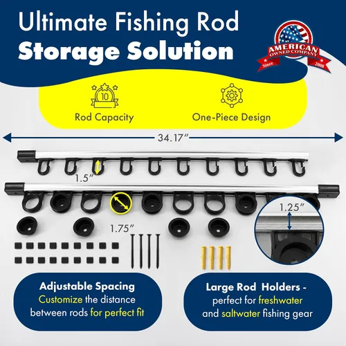 Vista 4 de Rush Creek Creations Fishing Rod Holder, Garage Organization and Wall Storage, for Reels, Gear and Accessories (Vertical/Horizontal Rack)