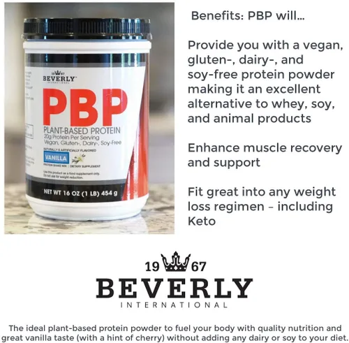 Vista 4 de Beverly International PBP, proteína a base de plantas. Vegano, gluten, lácteos, sin soja. Gran sabor a vainilla, suave, fácil de digerir, 0.74 oz