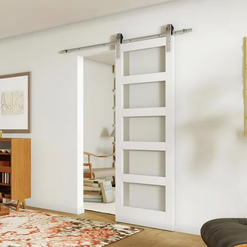 Vista 5 de Kit de herrajes para puerta corrediza de granero de 6 pies, riel de herrajes para puerta de granero de níquel satinado, kit de herrajes para puerta