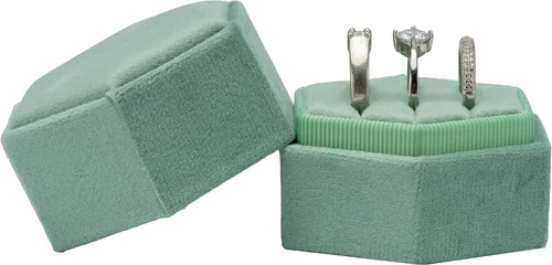 Vista 2 de Caja hexagonal para anillos de terciopelo con 3 ranuras para ceremonia de boda, propuesta, compromiso, cumpleaños (verde salvia)