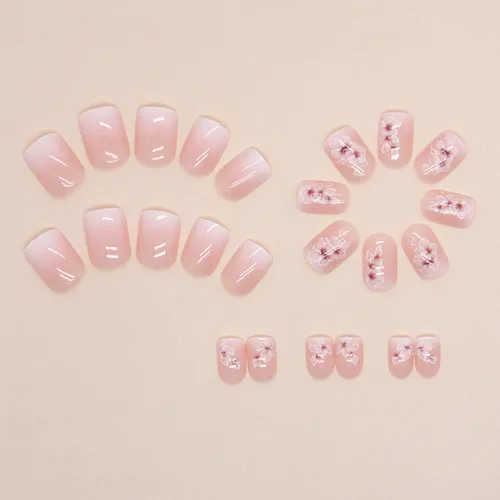 Vista 2 de Uñas postizas cortas a presión cuadradas con diseños de flores, uñas postizas francesas degradadas, lindas uñas acrílicas cortas a presión, uñas