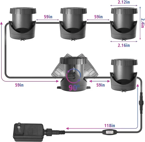 Vista 6 de T-SUN Luz LED para estanque, 5 lámparas de cabeza, sumergibles, luces LED para estanque, cambio de color, luz de estanque de jardín con control