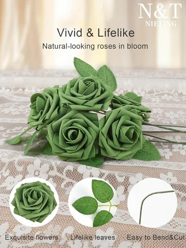 Vista 7 de N&T NIETING 25 unidades de flores artificiales, Rosas de espuma artificial de sensación real al tacto, decoración para boda, dama de honor, ramo