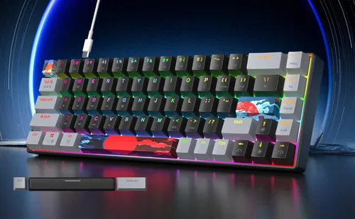 Vista 7 de Teclado mecánico 65% de 68 teclas con cable para juegos con interruptor rojo, efecto de iluminación RGB, teclas PBT, mini teclado ultracompacto