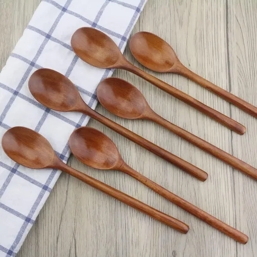 Vista 2 de Cucharas de madera, 6 cucharas de sopa de madera de 9 pulgadas para comer, mezclar, agitar, cuchara de mango largo con utensilio de cocina