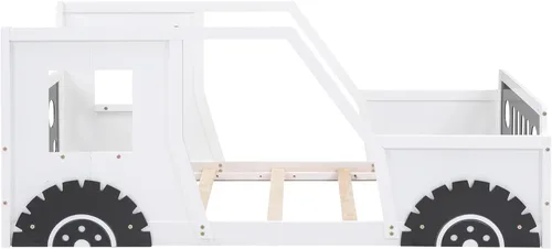 Vista 99 de Cama de plataforma en forma de auto de carreras de tamaño individual con ruedas, marco de cama de plataforma de madera con dos asientos y soporte