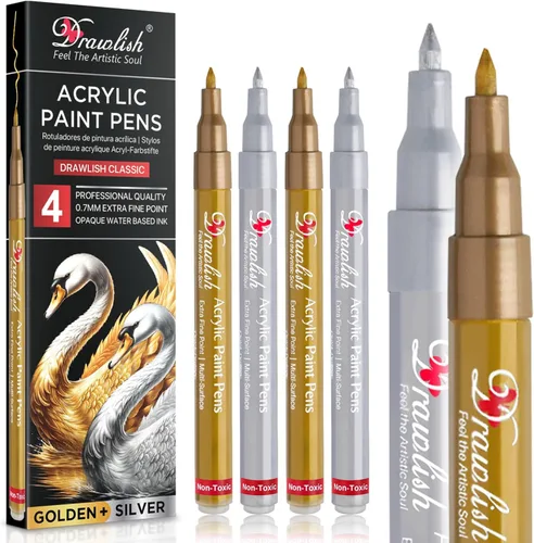 Acrylic Paint Pens - Permanent Markers 2 Gold Pens & 2 Silver Paint Marker Pen Set of 4 Acrylic Pen 0.7mm Extra Fine Tip - Ideal for Rock Painting,