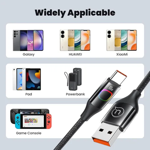 Vista 6 de Cable de carga USB C de 4 pies, 6A/66 W de carga rápida tipo C a USB A, nailon trenzado para teléfono 15/Pro/Huawei/Samsung Galaxy/la mayoría