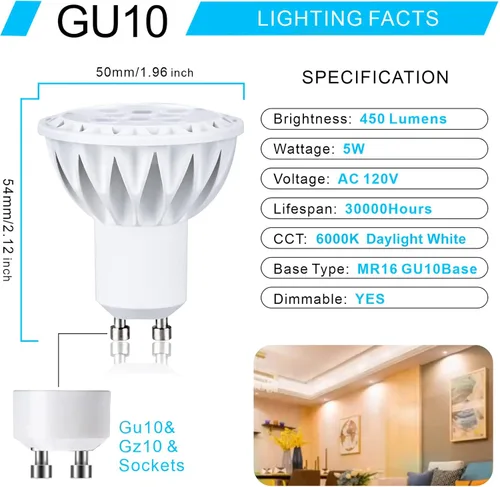 Vista 2 de Bombilla LED GU10 luz diurna blanca 6000 K regulable bombillas LED GU10 50 W equivalentes a halógenos, luz de punto GU10 ángulo de haz de 38 grados