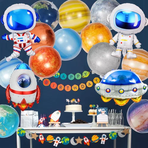 Vista 2 de 16 Piezas Globos Espaciales de Galaxia - Decoraciones Temáticas del Espacio Exterior Grandes Cohete Nave Espacial Astronauta Planeta Globos de Papel