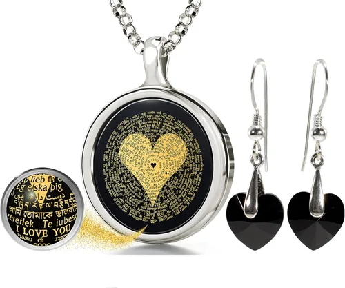 NanoStyle Collar I Love You de oro puro inscrito en 120 idiomas en texto en miniatura sobre piedra preciosa ónix, colgante de regalo de cumpleaños y