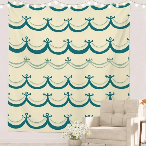 Vista 33 de Batmerry Maritime Ocean Tapestry, Anchors Wave Nautical Wall Art Hanging Decoration Polyester Fiber White Ruffled Around For Dorm Room Bedroom