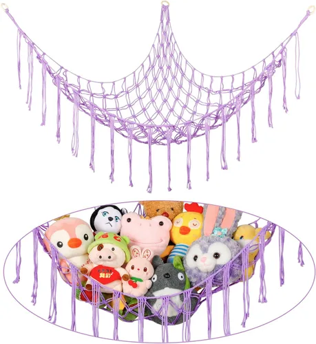 Vista 12 de Hamaca Esquinera para Animales de Peluche, Red Grande Tejida a Mano para Hamaca de Juguetes de Peluche con Anillos de Madera Almacenamiento Boho