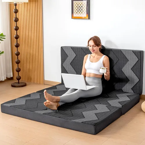 Vista 15 de INGEROOM Colchón Triple Plegable Queen – Colchón plegable de espuma viscoelástica de 4 pulgadas para campamento, con asa portátil, sofá cama de piso