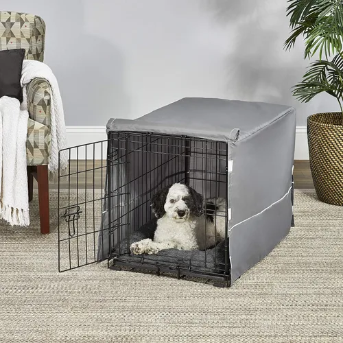 Vista 3 de MidWest Homes for Pets Kit de jaula para perros de doble puerta de 30 pulgadas, el paquete incluye una jaula de dos puertas, cama gris a juego