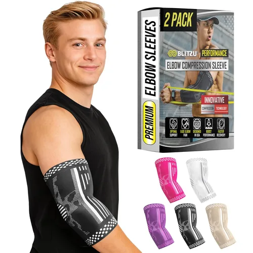 BLITZU Paquete de 2 mangas de compresión de codo para tendinitis, soporte para codo de tenis para hombres y mujeres, golfistas, alivio del dolor de